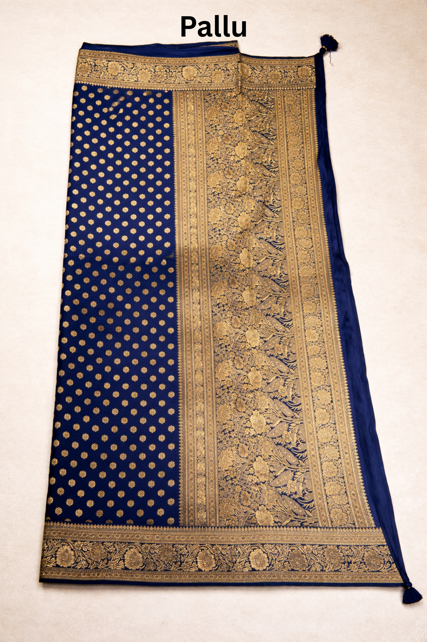 Banarasi Silk Saree with Antique Gold Floral Zari Border and Butti Work - Royal blue