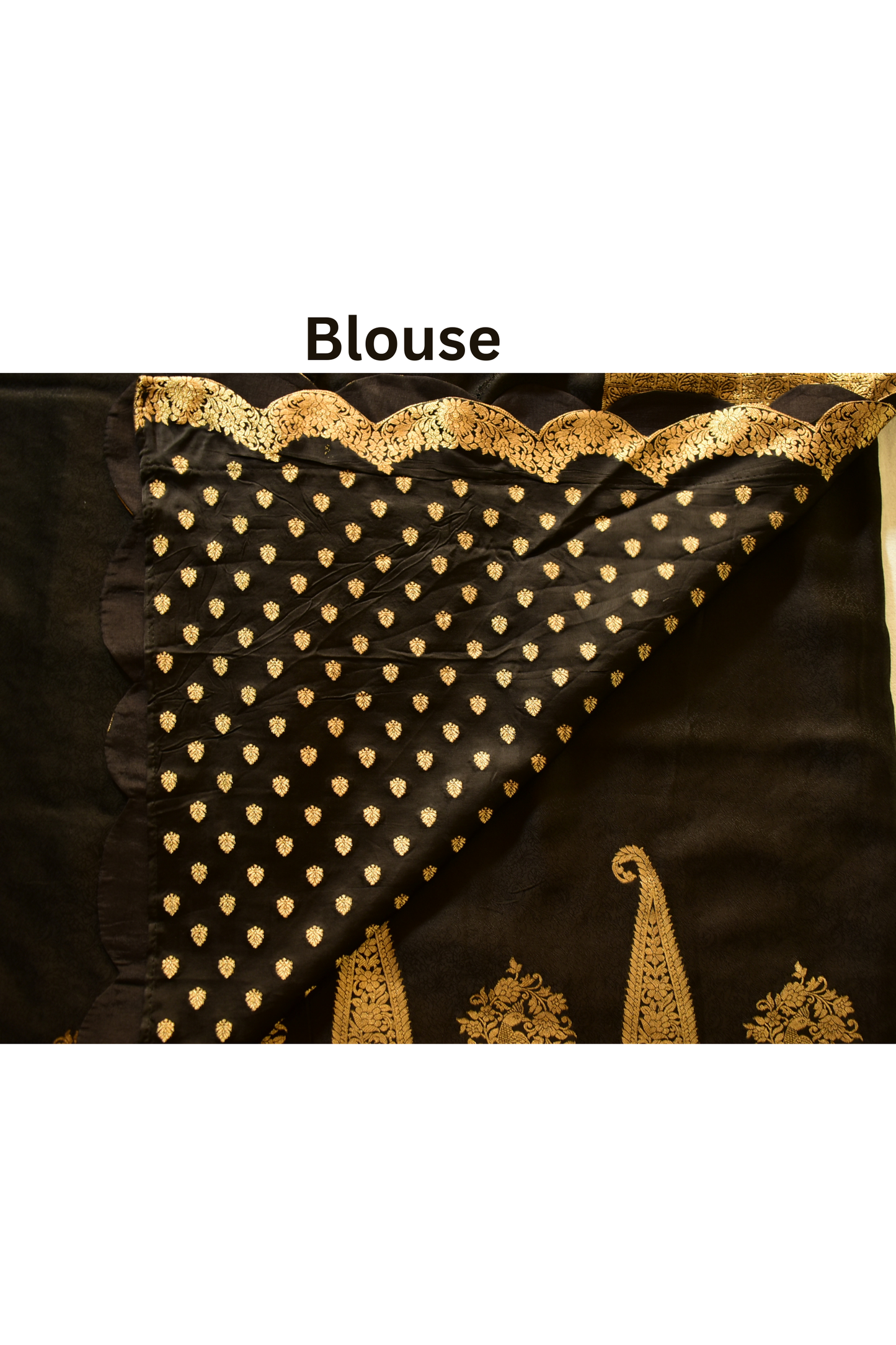 Large paisley Gold Zari with Scalloped Border - Black