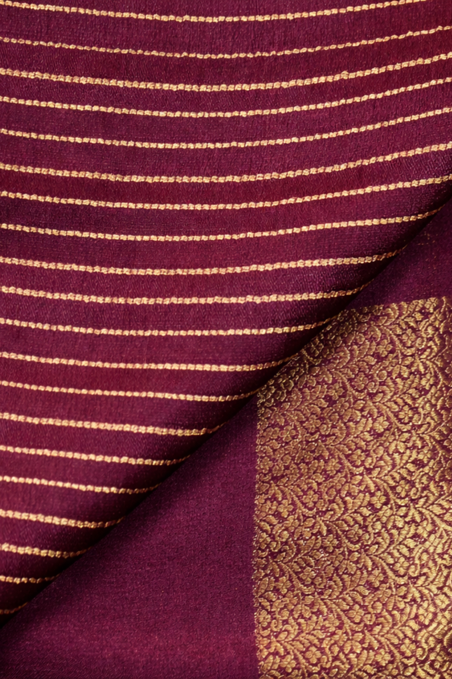 Pure Crepe - Gold Zari Blocks of Fine Floral Zari - Wine/Plum