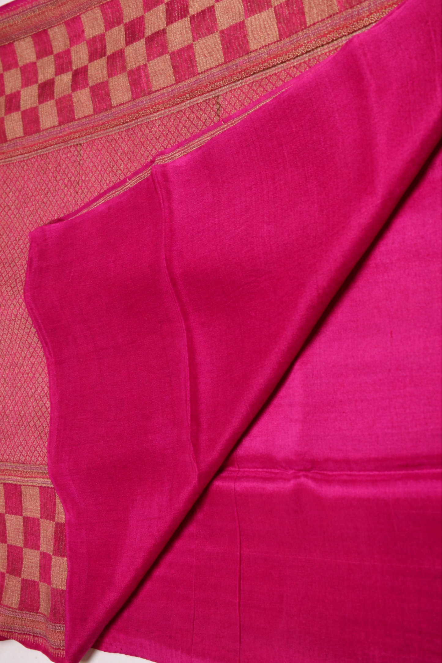 Pure Crepe - Block Print Vertical Zigzag Zari Border - Hot pink