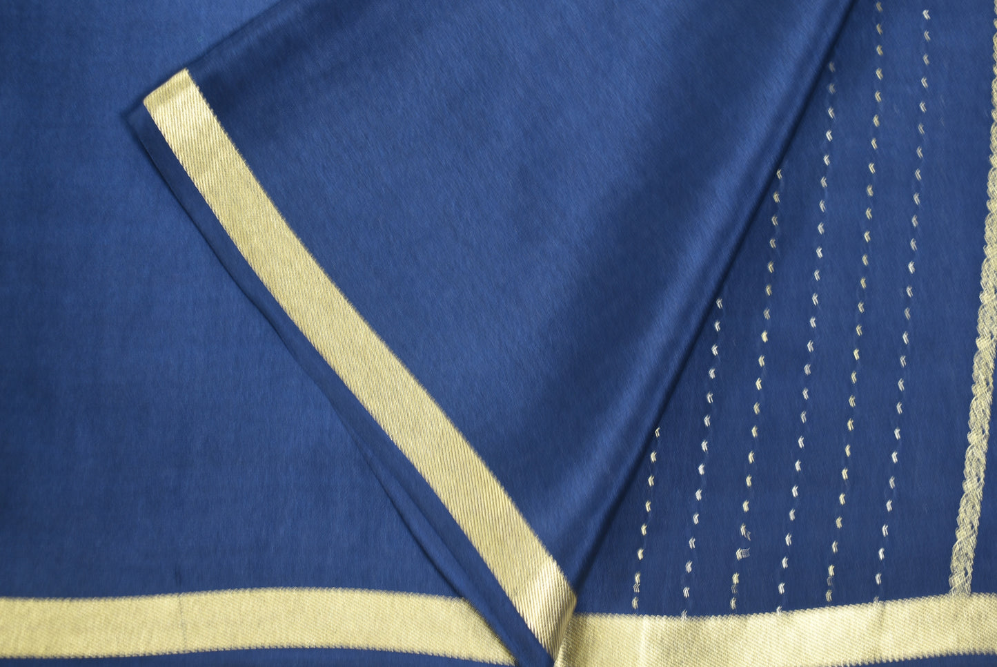 Pure Crepe - Alternate Vertical Patterns - Thicker and Thinner Vertical Zari Strips of tiny, pinpoint Gold and Silver dots - Royal blue
