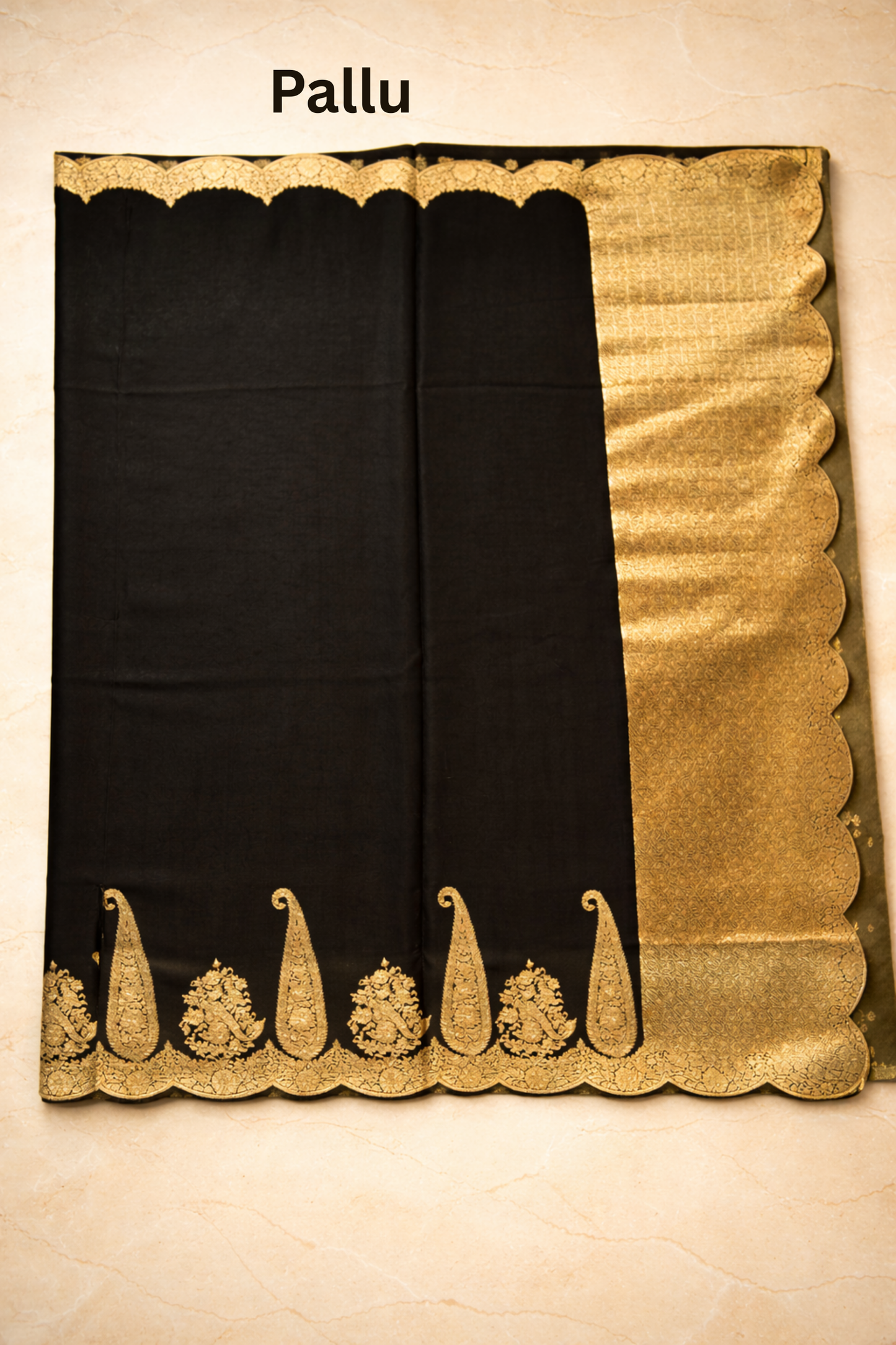 Large paisley Gold Zari with Scalloped Border - Black