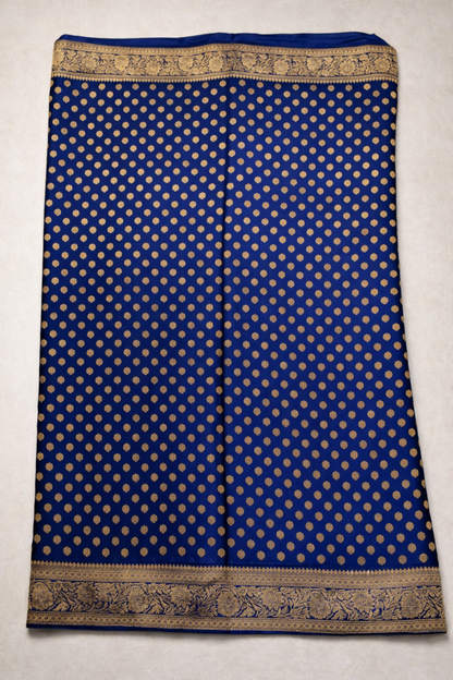 Banarasi Silk Saree with Antique Gold Floral Zari Border and Butti Work - Royal blue