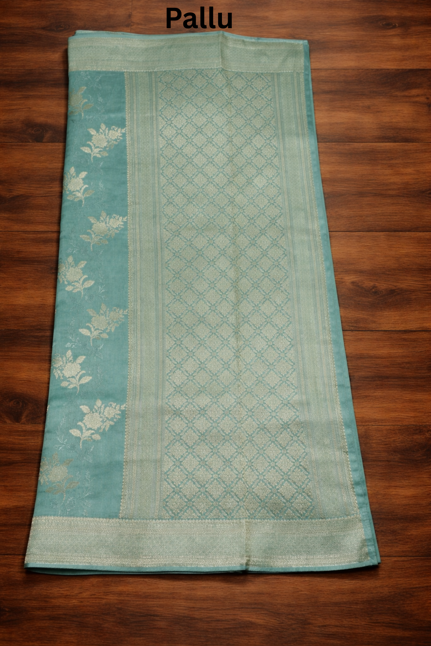 Floral Bunch Butta with Self  work and Border - Sea Green