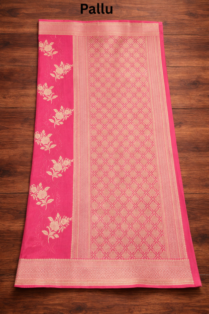 Floral Bunch Butta with Self  work and Border - Rani Pink