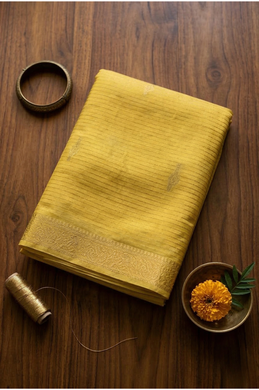 Samundrika - Pinstripes with Butta and small border - Lemon Yellow