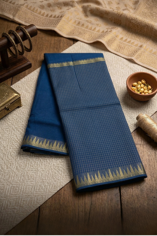 Parampara - Half check and half plain - Peacock blue