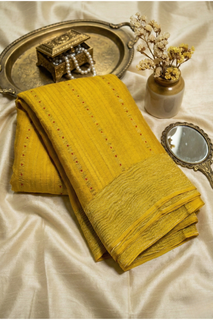 Pure Crepe - Fine Vertical Stripes Interspersed  with Ornate Red Floral Zari Panels - Mustard Yellow