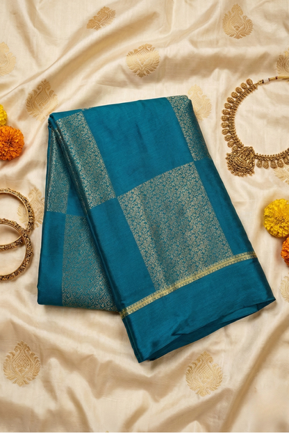 Pure Crepe - Gold Zari Blocks of Fine Floral Zari - Teal Blue