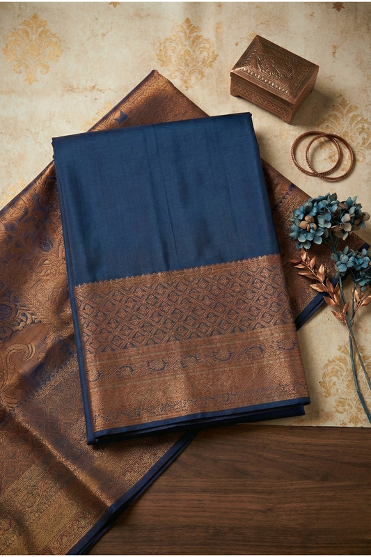 Pure Crepe - Plain Saree with Antique Broad Zari  boarder - Navy Blue