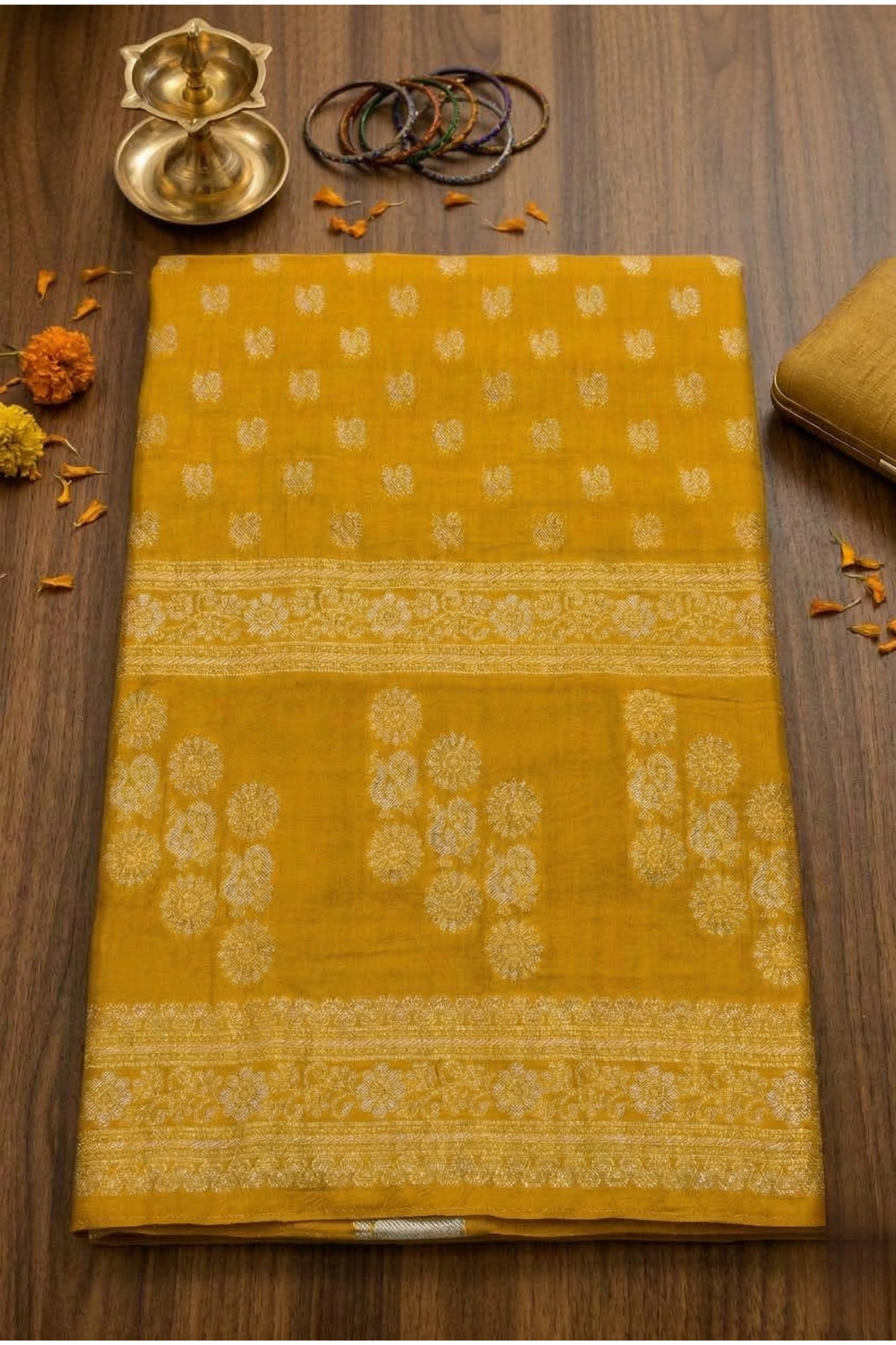 Rang Morla - Peacock butta with Peacock border - Mustard yellow