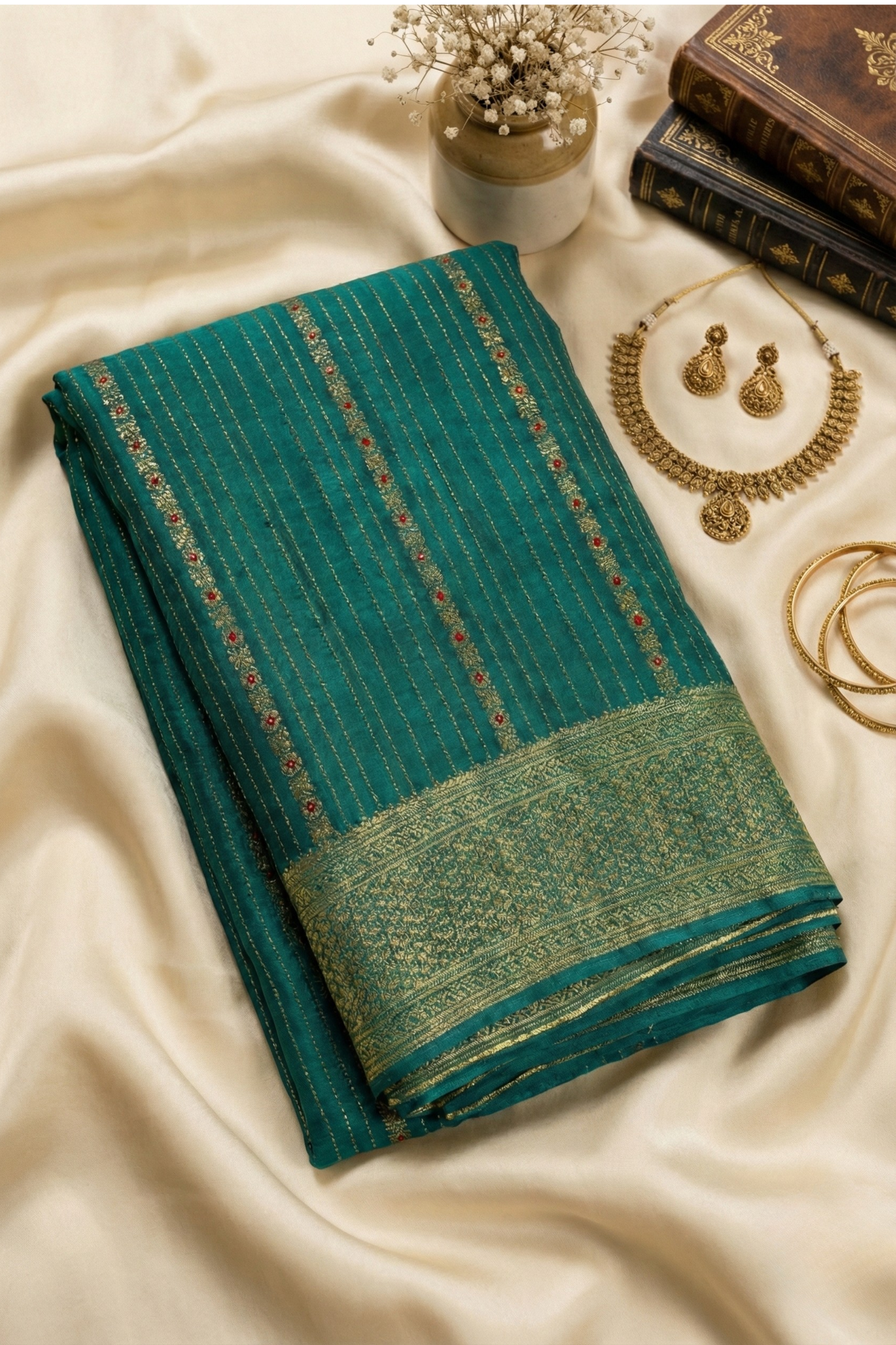 Pure Crepe - Fine Vertical Stripes Interspersed  with Ornate Red Floral Zari Panels - Rama Green