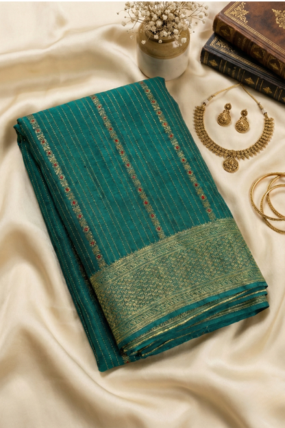 Pure Crepe - Fine Vertical Stripes Interspersed  with Ornate Red Floral Zari Panels - Rama Green