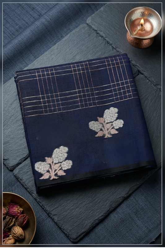 Check design with silver and gold flower border - Navy Blue
