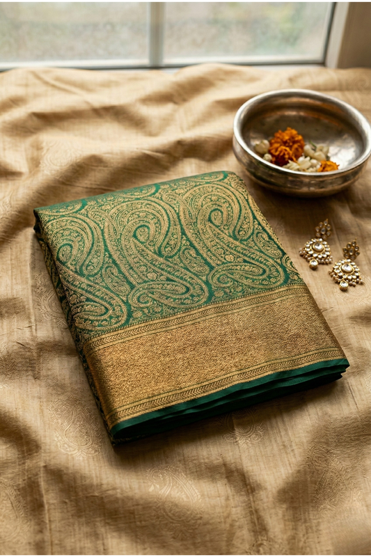 Pure Crepe - A large Elaborate Paisley (Kalki) Motifs all over with a Geometric Border - Green