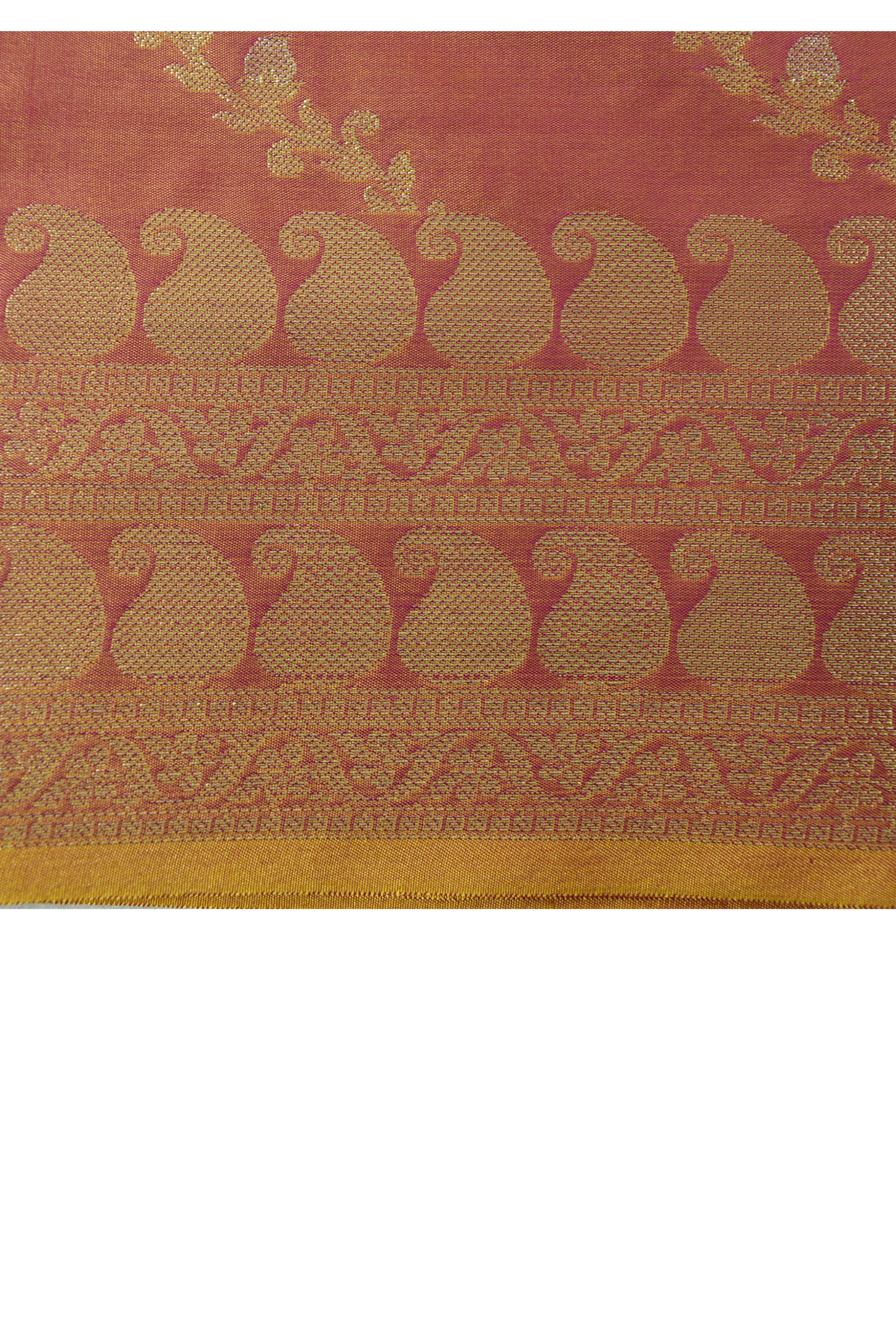 Gold Zari Floral Creeper Motifs with Small Mango Border - Dual toned peach and pink with gold