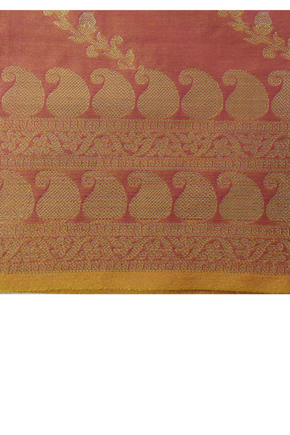 Gold Zari Floral Creeper Motifs with Small Mango Border - Dual toned peach and pink with gold
