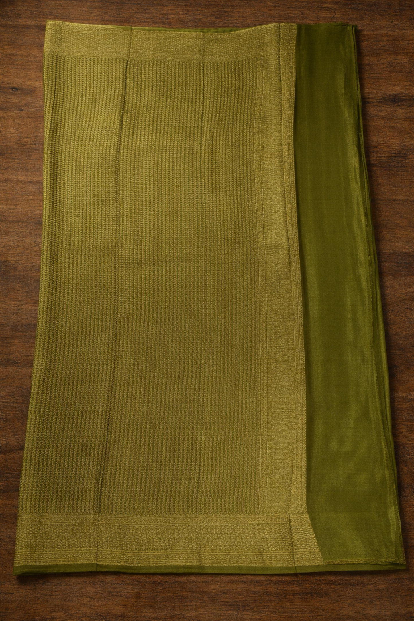 Pure Crepe - Fine Vertical Stripes Interspersed  with Ornate Red Floral Zari Panels - Olive Green