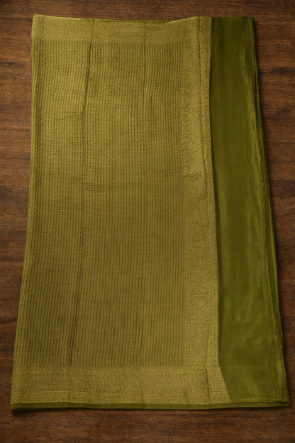 Pure Crepe - Fine Vertical Stripes Interspersed  with Ornate Red Floral Zari Panels - Olive Green