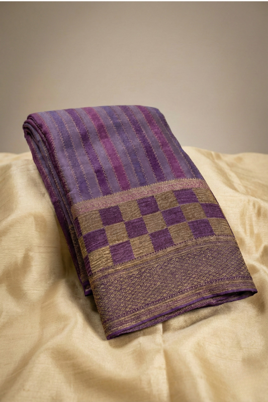 Pure Crepe - Block Print Vertical Zigzag Zari Border - Laveder
