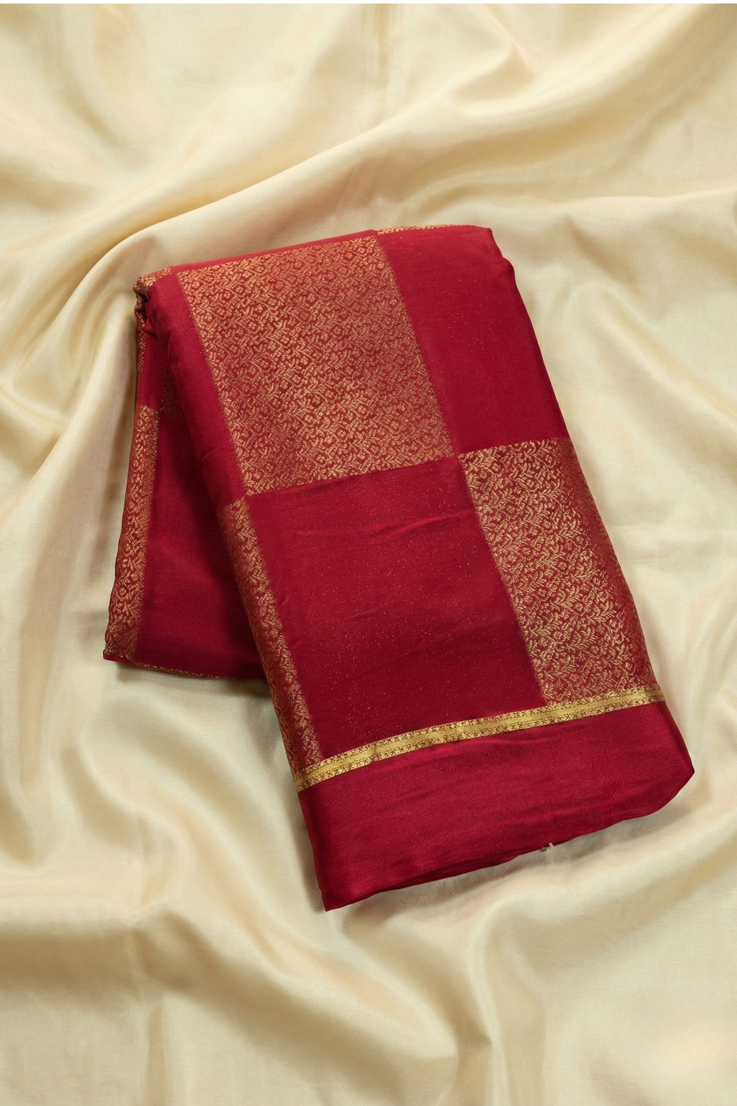 Pure Crepe - Gold Zari Blocks of Fine Floral Zari - Maroon