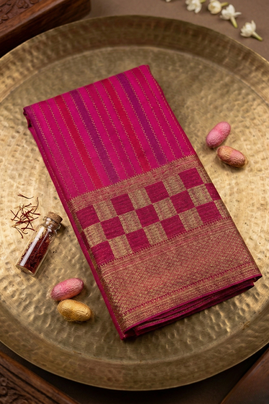 Pure Crepe - Block Print Vertical Zigzag Zari Border - Hot pink