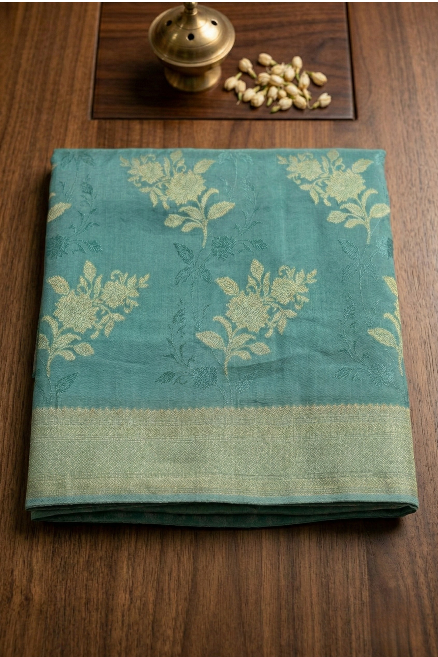 Floral Bunch Butta with Self  work and Border - Sea Green
