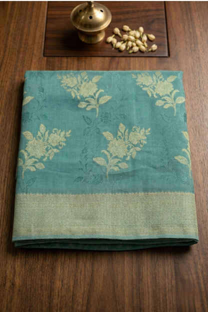 Floral Bunch Butta with Self  work and Border - Sea Green