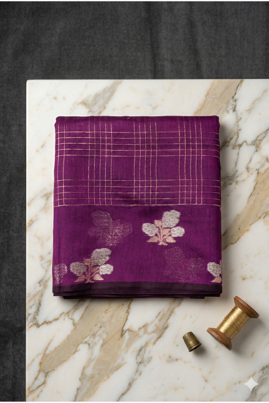 Check design with silver and gold flower border - Plum/ Wine Purple
