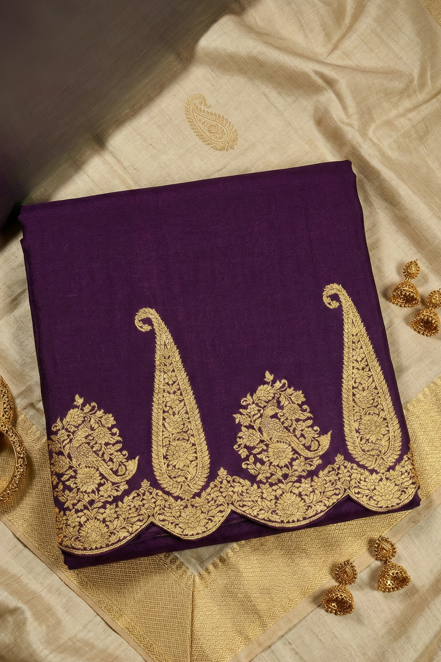 Large paisley Gold Zari with Scalloped Border - Purple