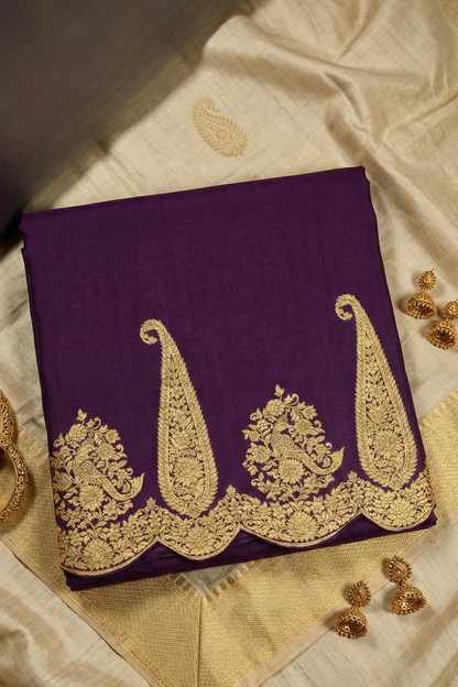 Large paisley Gold Zari with Scalloped Border - Purple