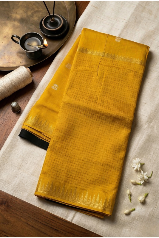 Parampara - Half check and half plain - Mustrad yellow