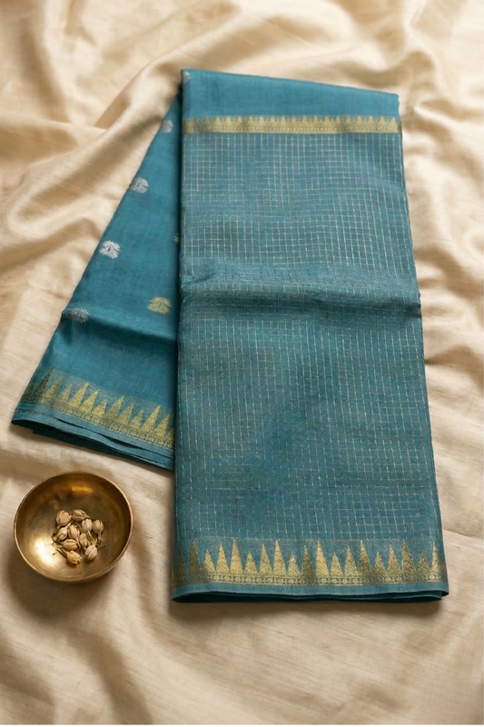 Parampara - Half check and half plain with small flower butta - Teal Green with Blue undertone