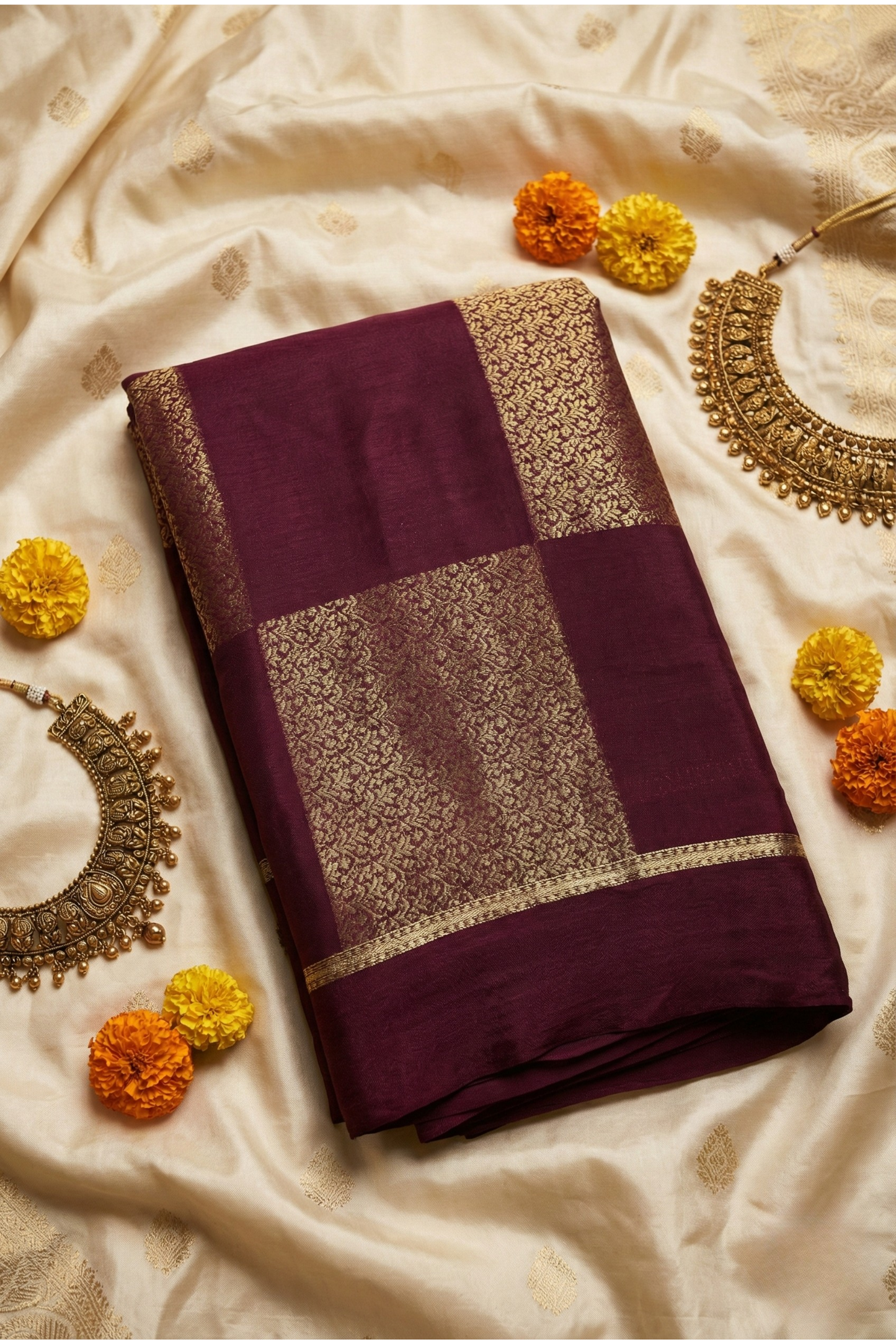 Pure Crepe - Gold Zari Blocks of Fine Floral Zari - Wine/Plum