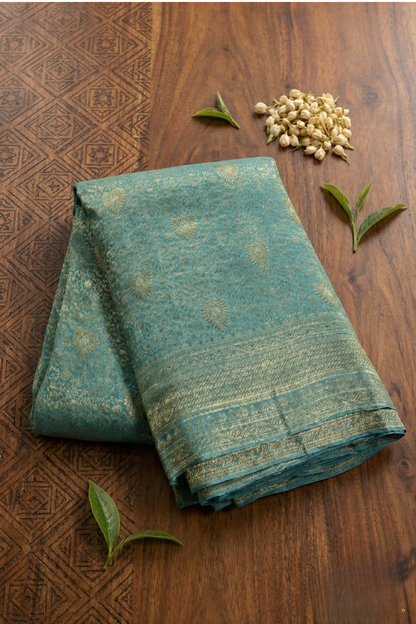 Pure Crepe - All over Intricate Delicate Floral Zari - Sea Blue