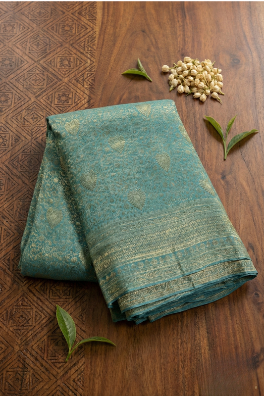 Pure Crepe - All over Intricate Delicate Floral Zari - Sea Blue
