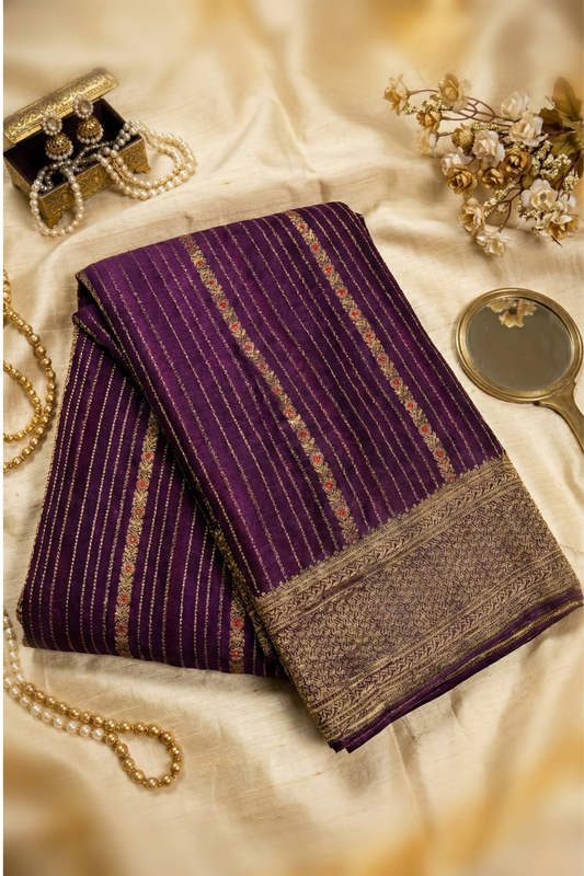 Pure Crepe - Fine Vertical Stripes Interspersed  with Ornate Red Floral Zari Panels - Purple