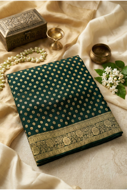 Banarasi Silk Saree with Antique Gold Floral Zari Border and Butti Work - Bottle Green