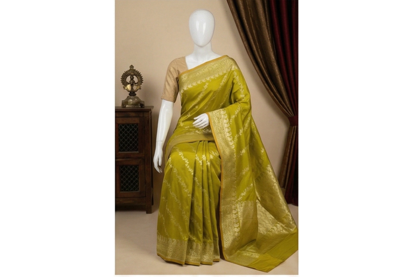 Gold Zari Floral Creeper Motifs with Small Mango Border - Parrot Green