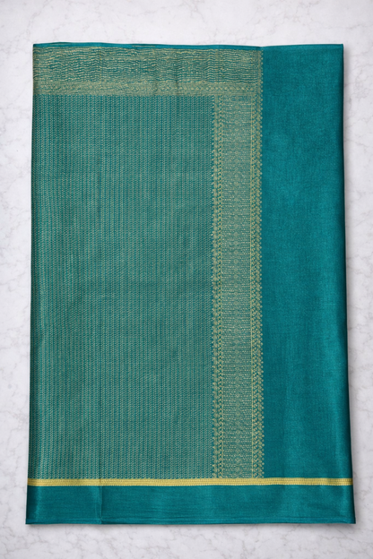 Pure Crepe - Fine Vertical Stripes Interspersed  with Ornate Red Floral Zari Panels - Rama Green
