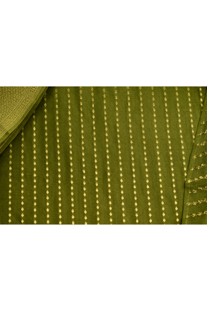 Pure Crepe - Fine Vertical Stripes Interspersed  with Ornate Red Floral Zari Panels - Olive Green