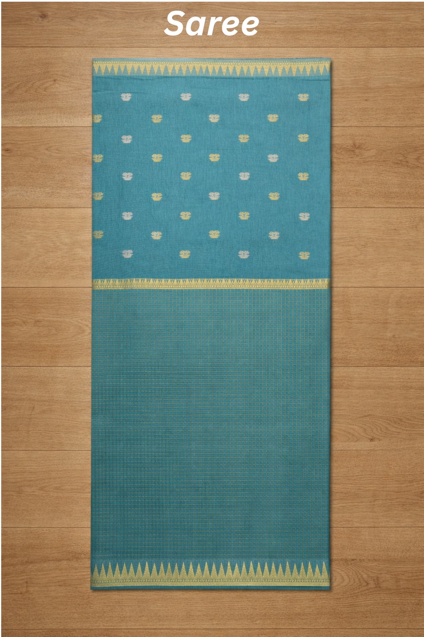 Parampara - Half check and half plain with small flower butta - Teal Green with Blue undertone