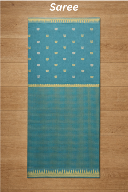 Parampara - Half check and half plain with small flower butta - Teal Green with Blue undertone
