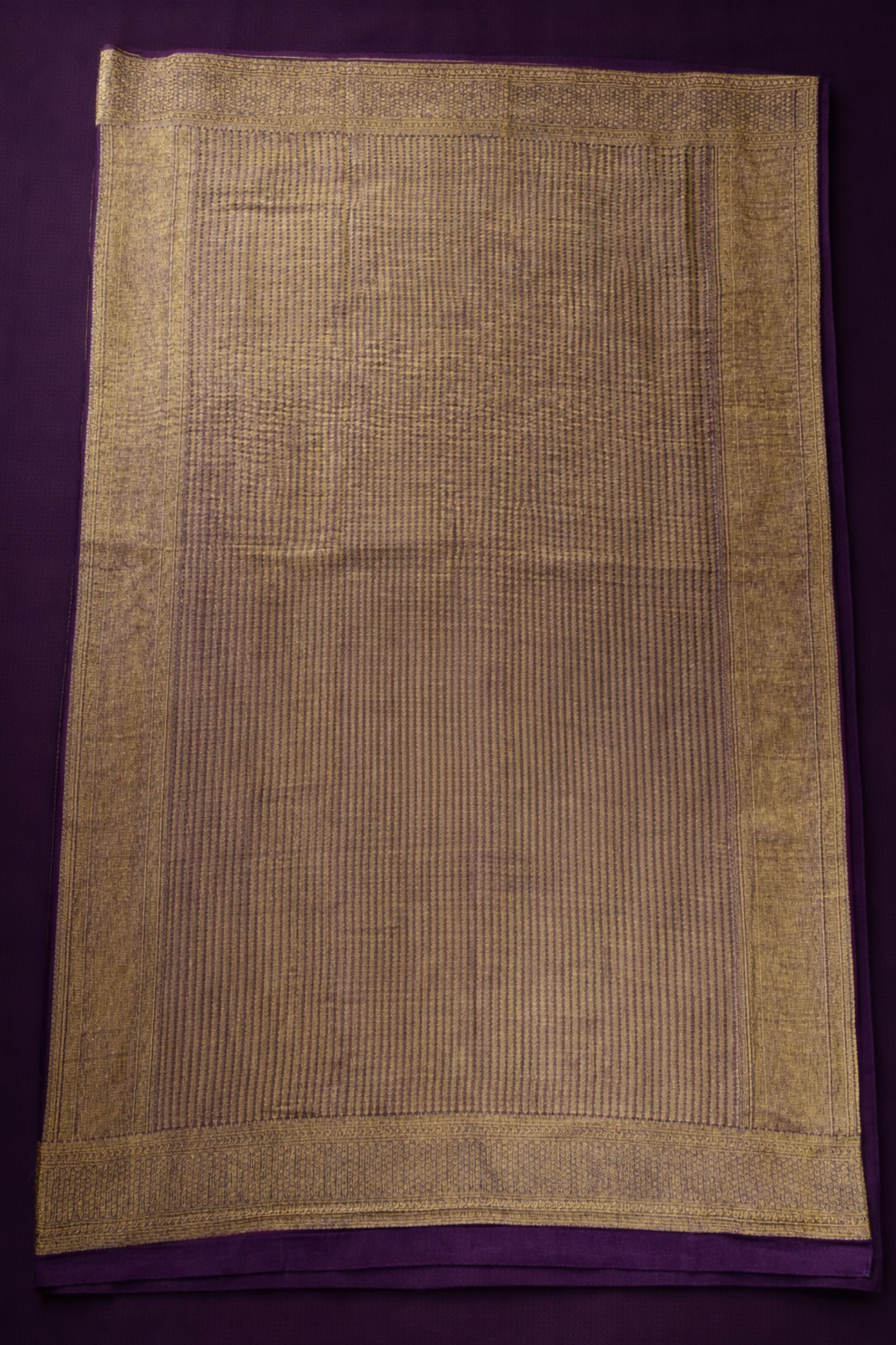 Pure Crepe - Fine Vertical Stripes Interspersed  with Ornate Red Floral Zari Panels - Purple