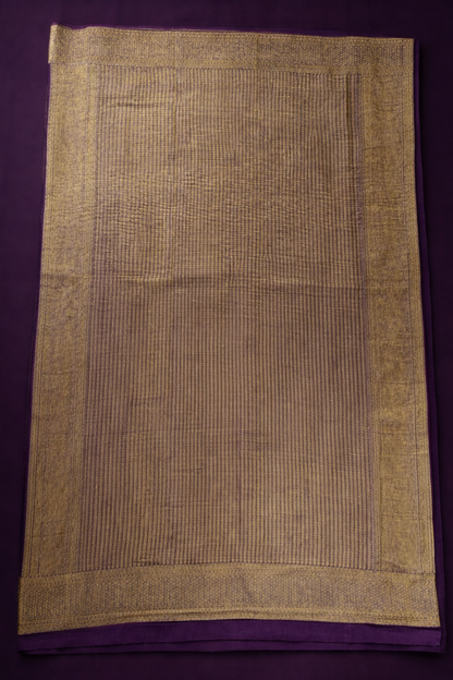 Pure Crepe - Fine Vertical Stripes Interspersed  with Ornate Red Floral Zari Panels - Purple