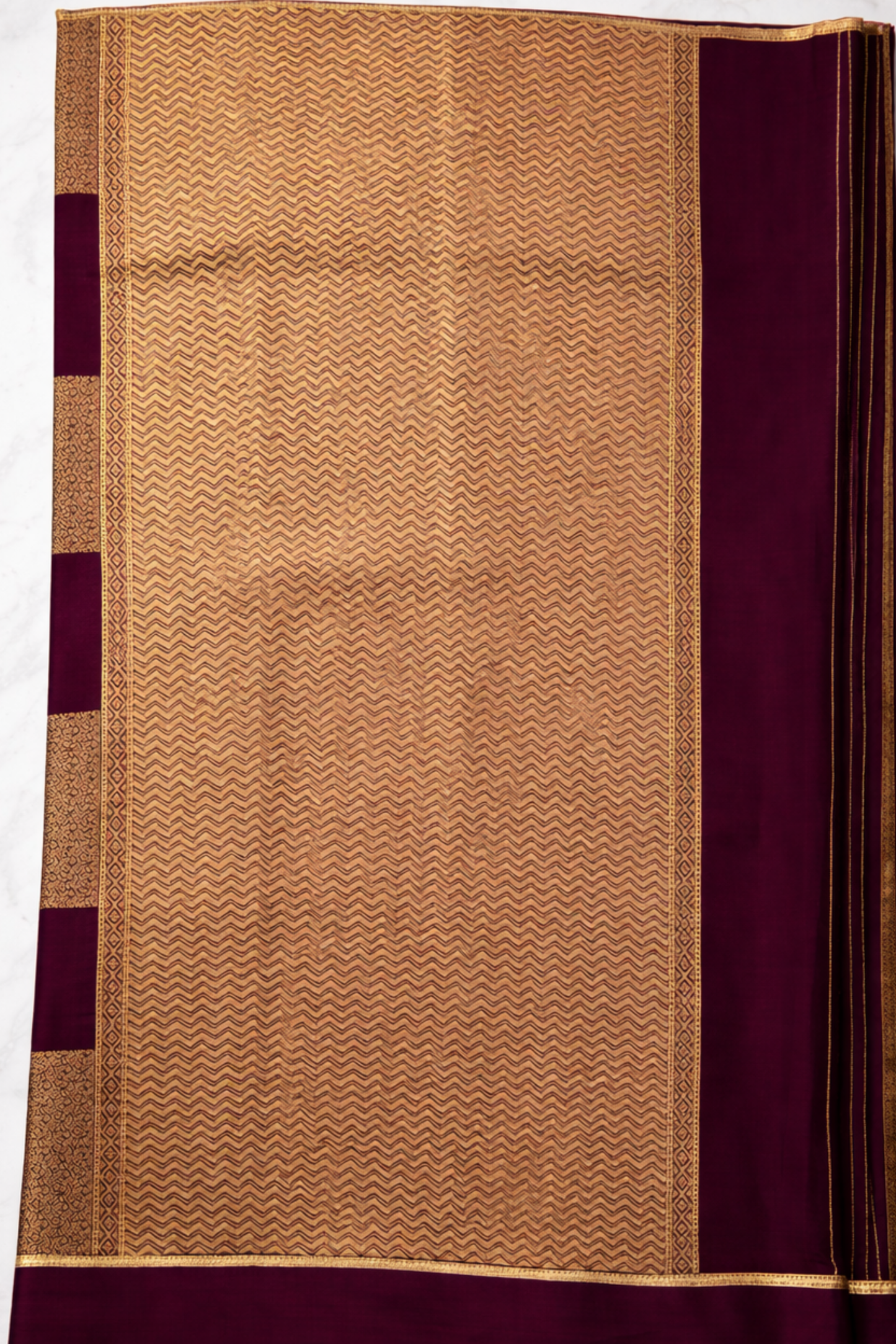 Pure Crepe - Gold Zari Blocks of Fine Floral Zari - Wine/Plum