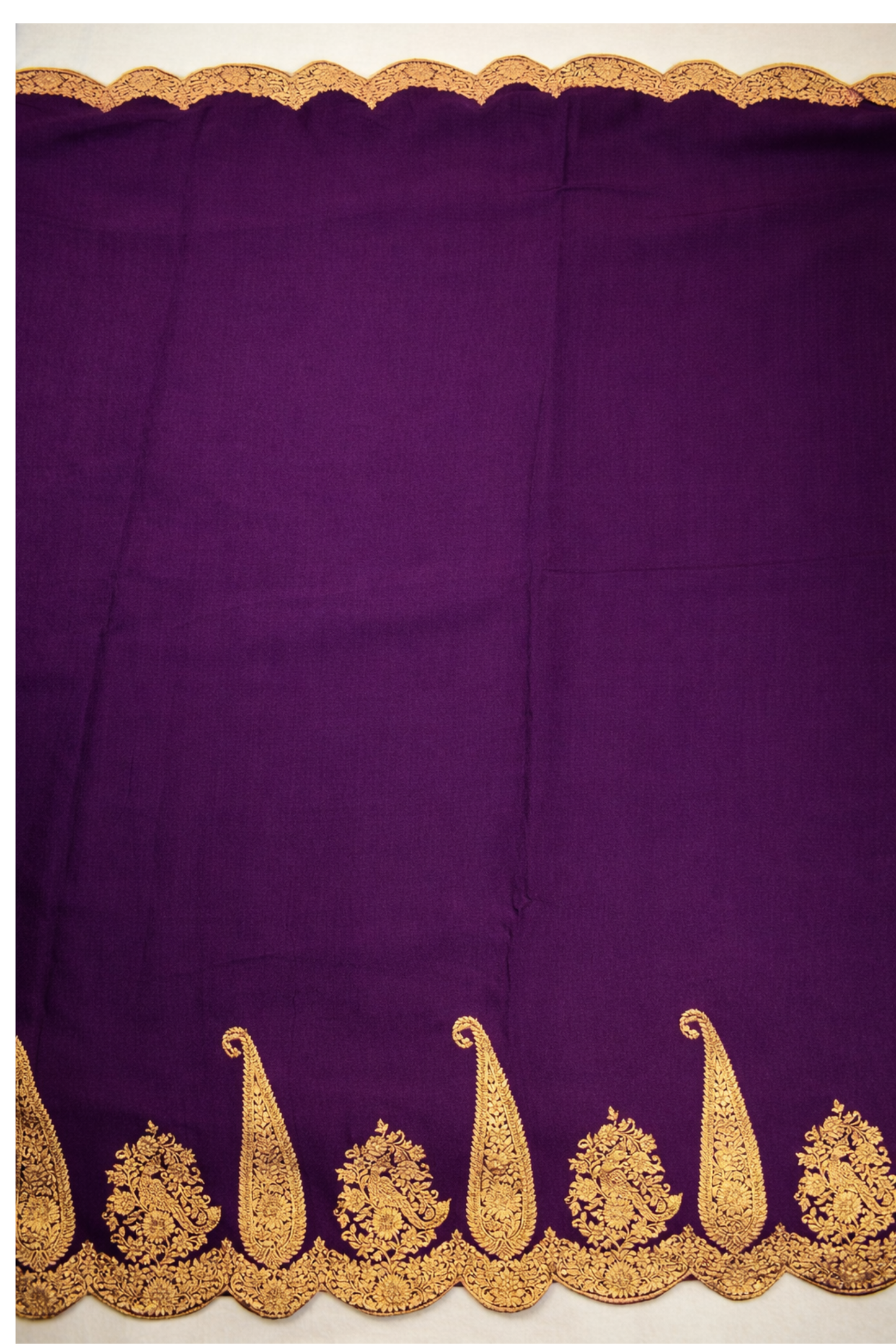 Large paisley Gold Zari with Scalloped Border - Purple