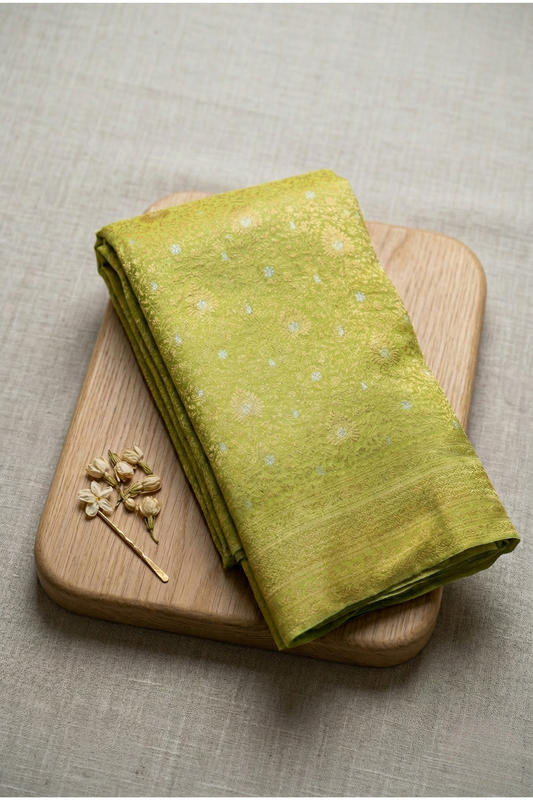 Pure Crepe - All over Intricate Delicate Floral Zari - Pista Green