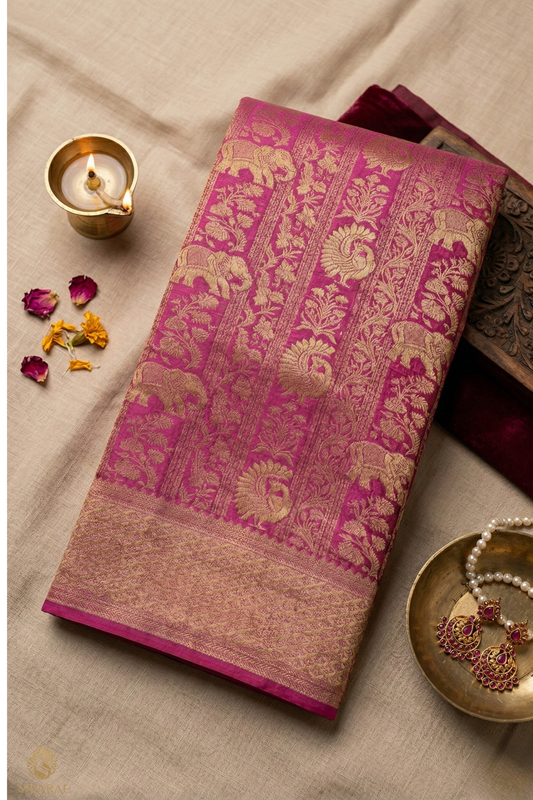 Pure Crepe - Heritage Artistry Work of Elephant, Peacock and Floral in Elegant Vertical Panels - Dusty Rose