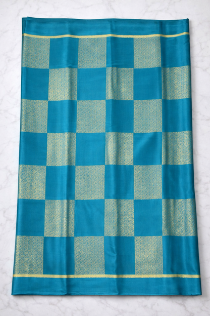 Pure Crepe - Gold Zari Blocks of Fine Floral Zari - Teal Blue